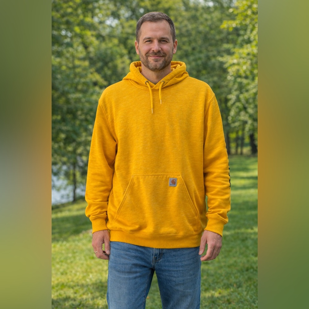 Carhartt Men’s Small Mustard Yellow Hoodie Loose Fit Logo Sleeve Unisex